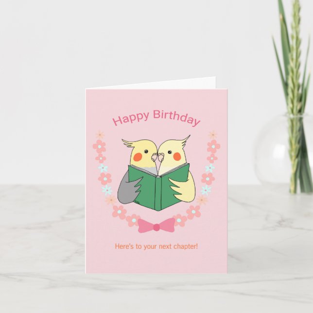 Cockatiels reading a book Cute Birdie birthday Card (Front)