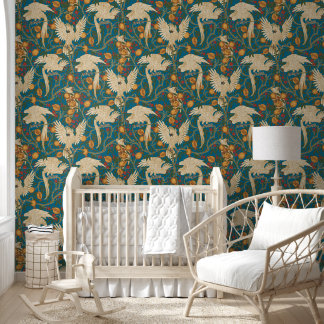 Cockatoo and Pomegranate in orient blue Wallpaper
