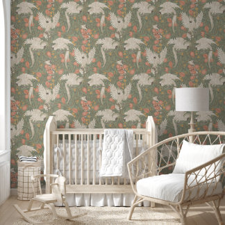 Cockatoo and Pomegranate in sage green Wallpaper