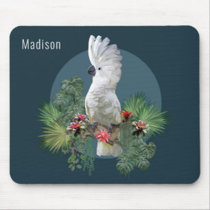 Cockatoo Bird Tropical Flowers Personalised Name Mouse Mat