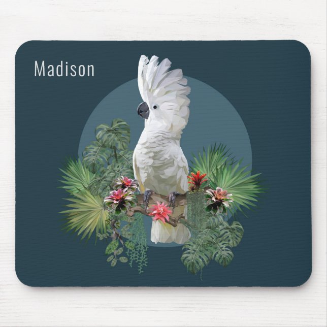 Cockatoo Bird Tropical Flowers Personalised Name Mouse Mat (Front)
