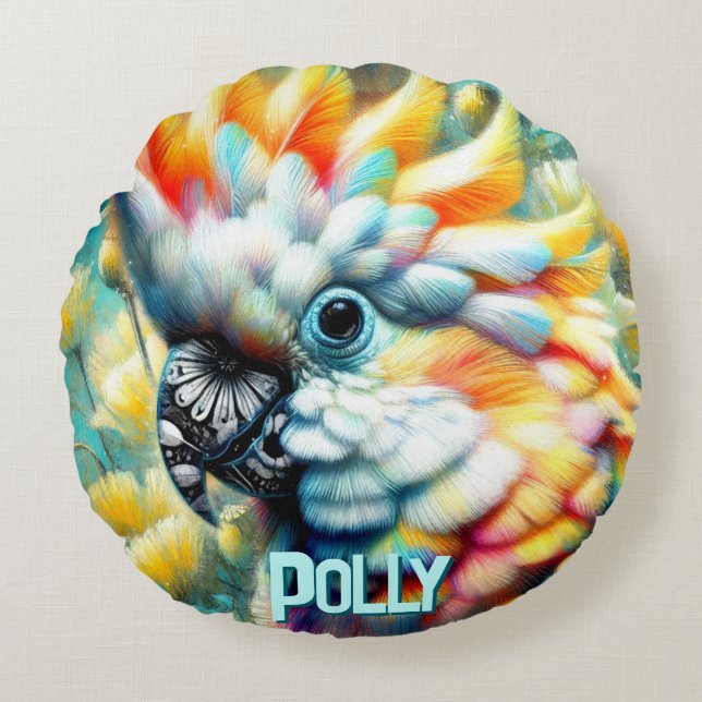 Cockatoo Bird Yellow Poppies Personalised Round Cushion (Front)