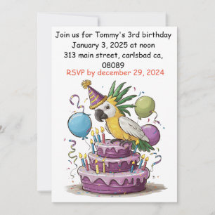 cockatoo perched on birthday cake balloons invitation