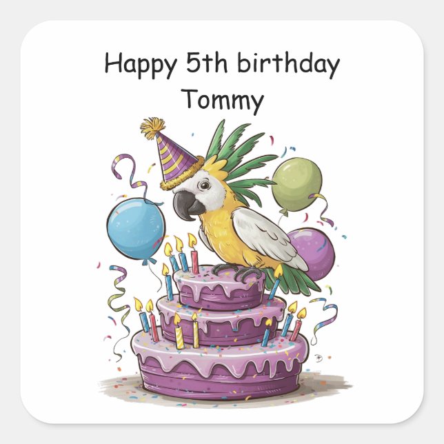 cockatoo perched on birthday cake balloons square sticker (Front)