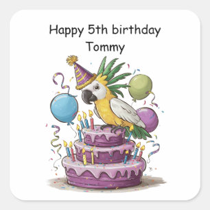 cockatoo perched on birthday cake balloons square sticker