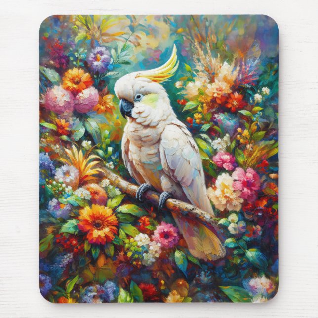 Cockatoo with Colourful Flowers Mouse Mat (Front)