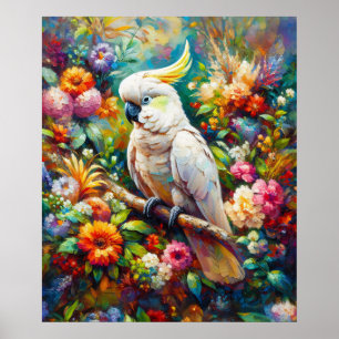 Cockatoo with Colourful Flowers Poster