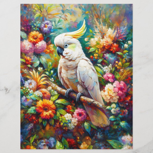Cockatoo with Colourful Flowers Scrapbook Paper (Front)