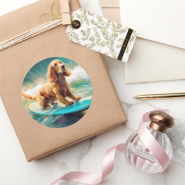 Cocker Spaniel Beach Surfing Painting Classic Round Sticker (Gifting)