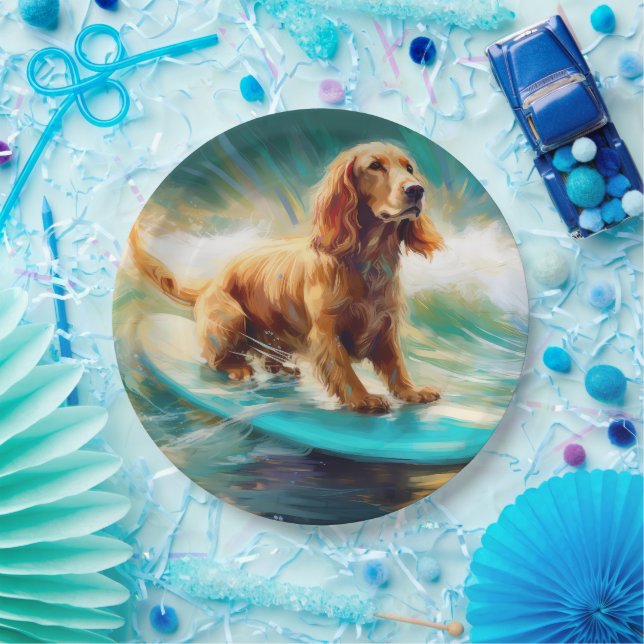 Cocker Spaniel Beach Surfing Painting Paper Plate (Party)