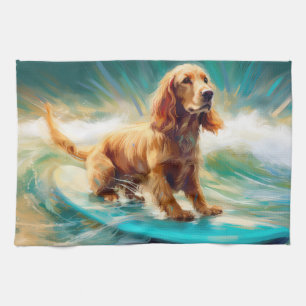Cocker Spaniel Beach Surfing Painting Tea Towel