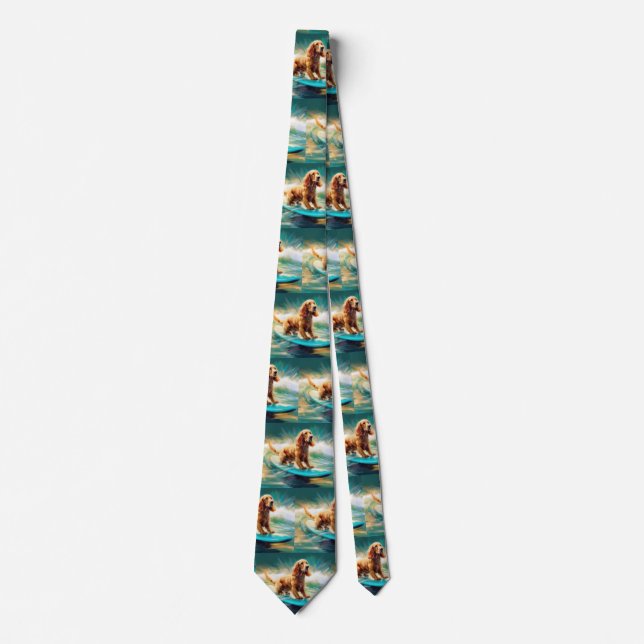 Cocker Spaniel Beach Surfing Painting Tie (Front)