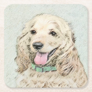 Cocker Spaniel Buff Painting - Original Dog Art Square Paper Coaster