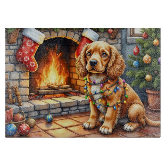 Cocker Spaniel by Fireplace with Christmas Lights Cutting Board (Front)