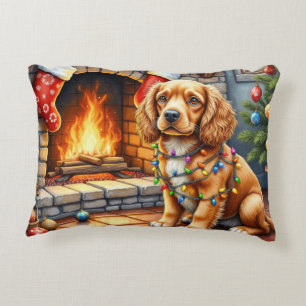 Cocker Spaniel by Fireplace with Christmas Lights Decorative Cushion