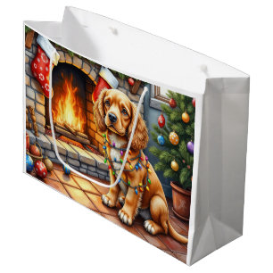 Cocker Spaniel by Fireplace with Christmas Lights Large Gift Bag