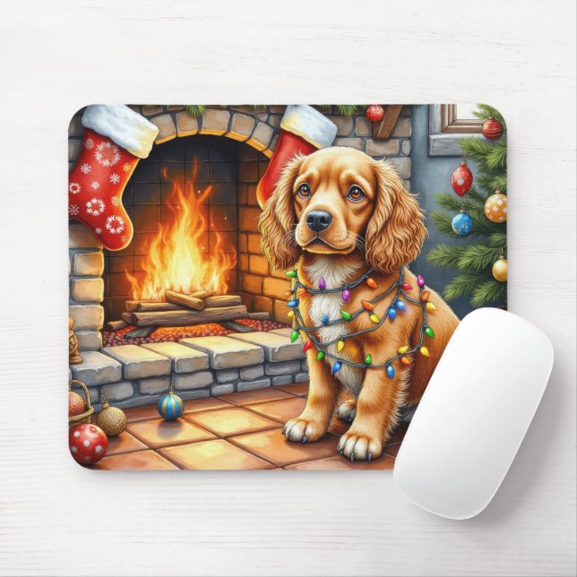 Cocker Spaniel by Fireplace with Christmas Lights Mouse Mat (With Mouse)