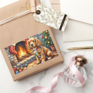 Cocker Spaniel by Fireplace with Christmas Lights Rectangular Sticker