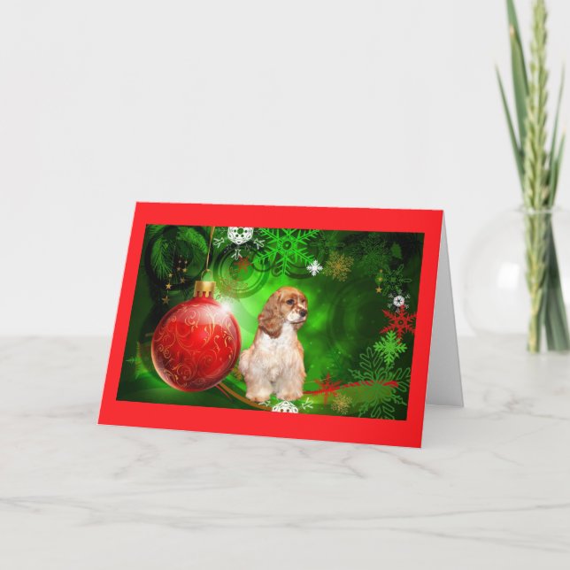 Cocker Spaniel Christmas Card Stars Red BallGreen2 (Front)