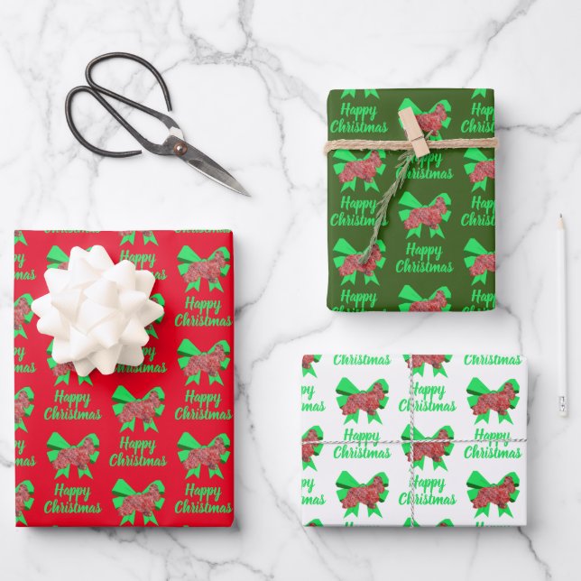 Cocker Spaniel Christmas Dog & Green Bow 3 Colours Wrapping Paper Sheet (Front)
