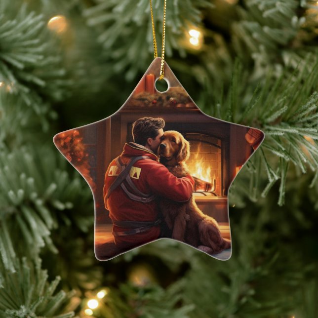 Cocker Spaniel Christmas Ornament, Fireman Pet  Ceramic Tree Decoration (Tree)