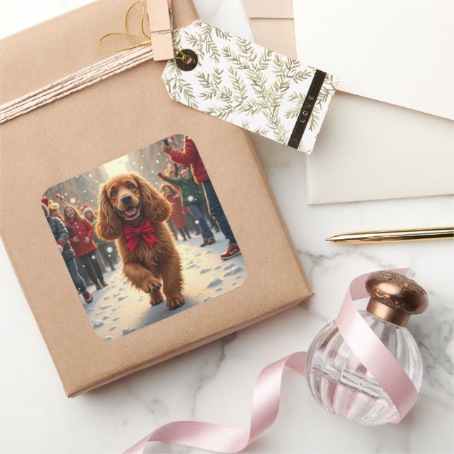 Cocker Spaniel Christmas Parade Holiday Painting Square Sticker (Gifting)