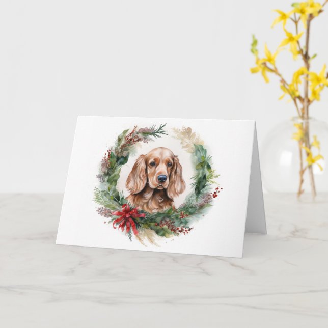 Cocker Spaniel Christmas Wreath Festive Pup  Card (Yellow Flower)