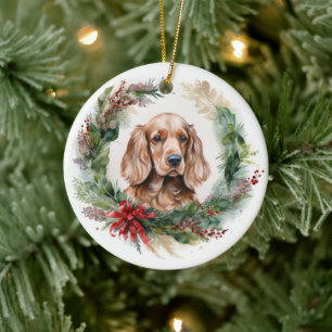 Cocker Spaniel Christmas Wreath Festive Pup Ceramic Tree Decoration