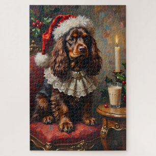 Cocker Spaniel Classical Christmas Portrait Hat Jigsaw Puzzle
