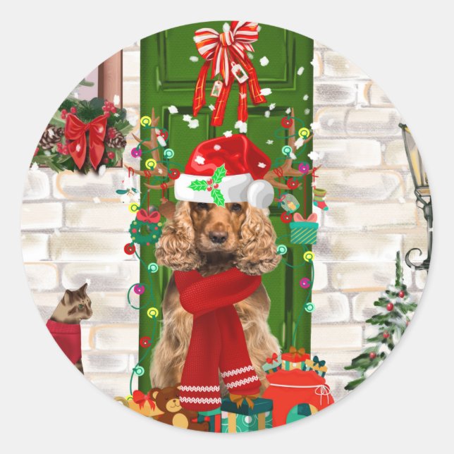 Cocker Spaniel Dog Christmas  Classic Round Sticker (Front)
