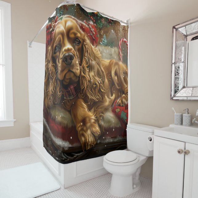 Cocker Spaniel Dog Christmas Festive Shower Curtain (In Situ)