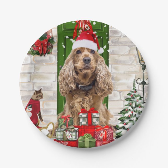 Cocker Spaniel Dog Christmas Paper Plate (Front)