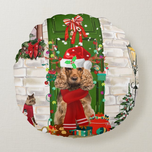Cocker Spaniel Dog Christmas  Round Cushion (Front)