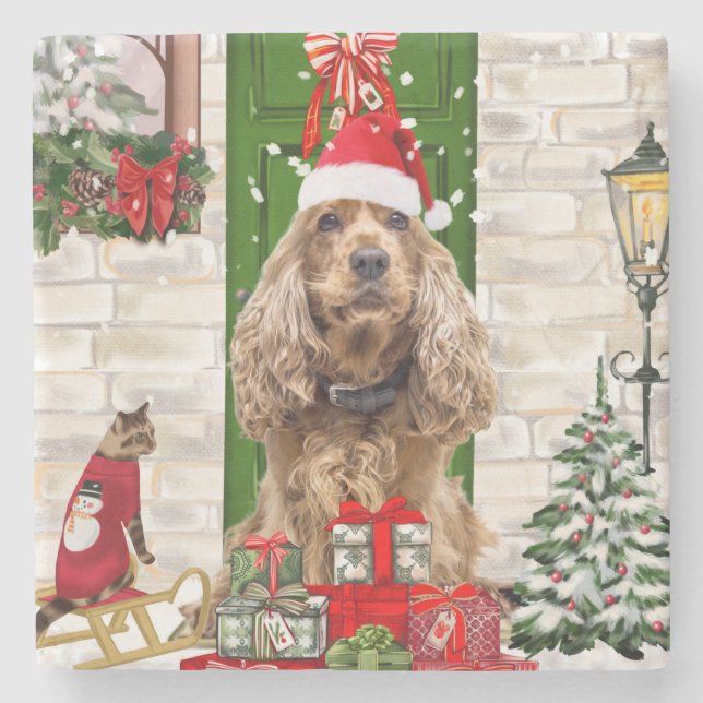 Cocker Spaniel Dog Christmas   Stone Coaster (Front)