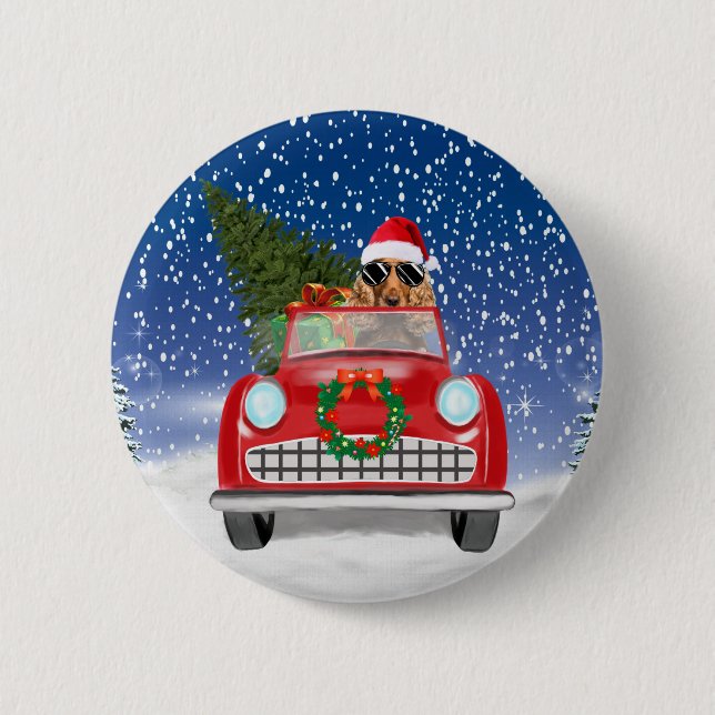 Cocker Spaniel Dog Driving Car In Snow Christmas 6 Cm Round Badge (Front)