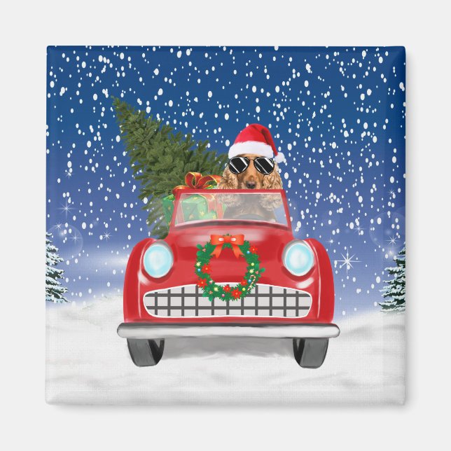 Cocker Spaniel Dog Driving Car In Snow Christmas Magnet (Front)