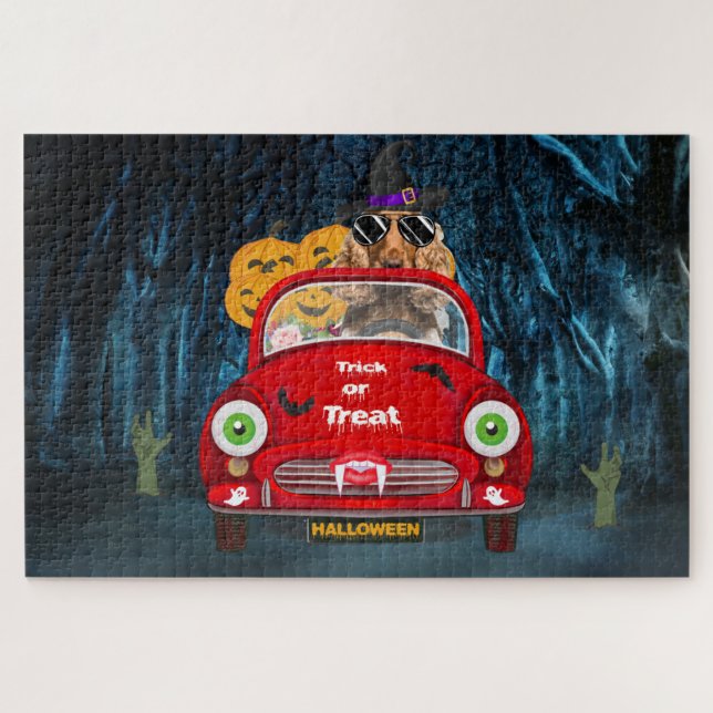 Cocker Spaniel Dog Driving Car Scary Halloween  Jigsaw Puzzle (Horizontal)