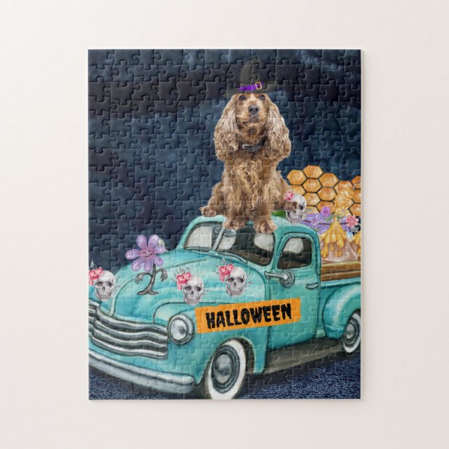 Cocker Spaniel Dog Halloween Truck Scary Night  Jigsaw Puzzle (Vertical)