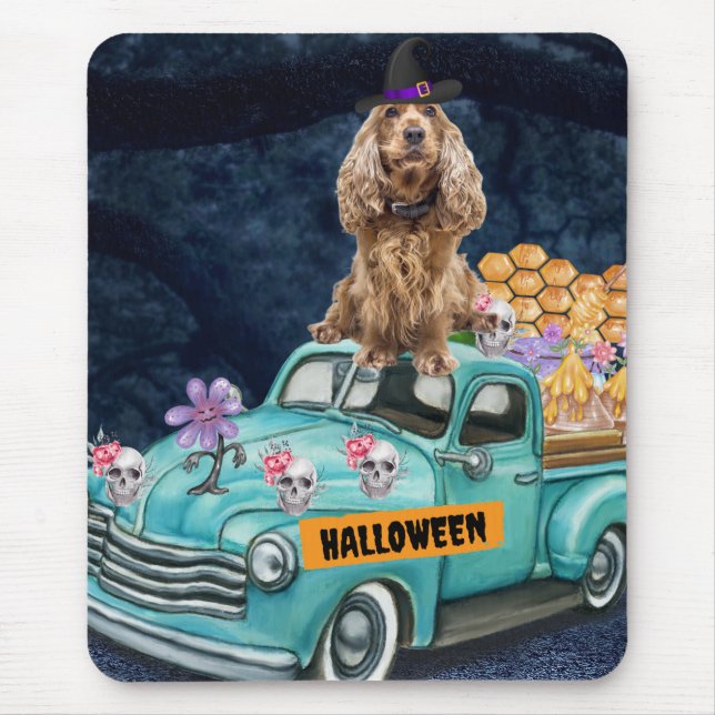 Cocker Spaniel Dog Halloween Truck Scary Night Mouse Mat (Front)