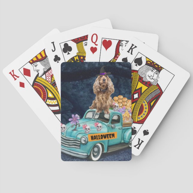 Cocker Spaniel Dog Halloween Truck Scary Night   Playing Cards (Back)