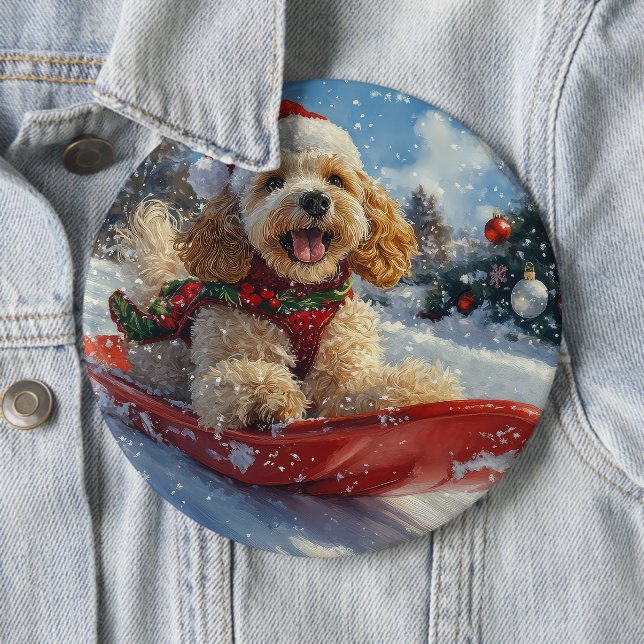 Cocker Spaniel Dog in Sledge Let it Snow Christmas 6 Cm Round Badge (In Situ)