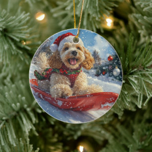 Cocker Spaniel Dog in Sledge Let it Snow Christmas Ceramic Tree Decoration