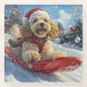 Cocker Spaniel Dog in Sledge Let it Snow Christmas Glass Coaster