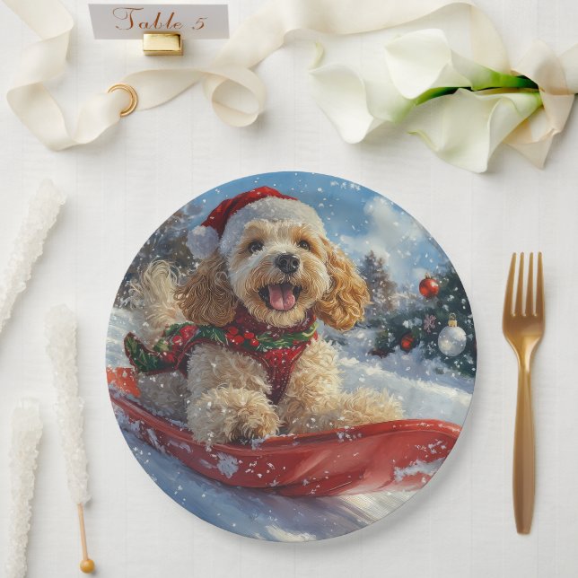 Cocker Spaniel Dog in Sledge Let it Snow Christmas Paper Plate (Wedding)