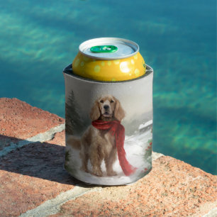 Cocker Spaniel Dog in Snow Christmas Can Cooler