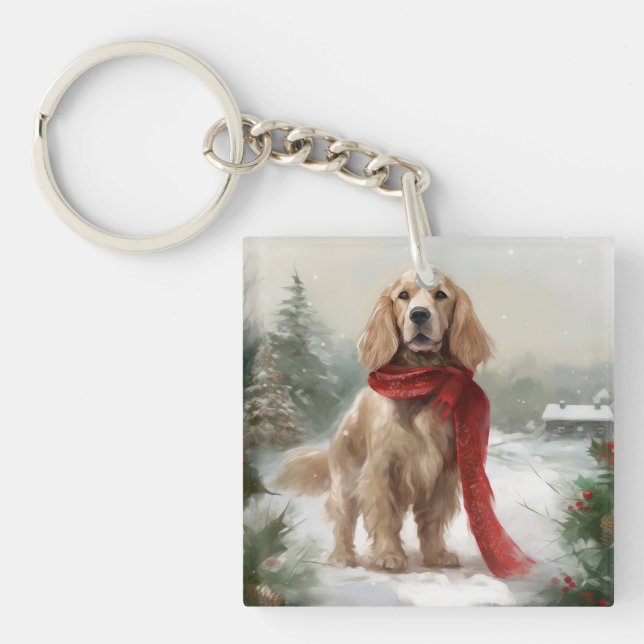 Cocker Spaniel Dog in Snow Christmas Key Ring (Front)