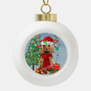 Cocker Spaniel Dog in Snow with Christmas Gifts   Ceramic Ball Christmas Ornament