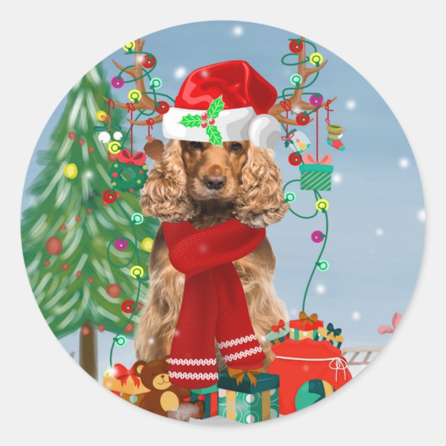 Cocker Spaniel Dog in Snow with Christmas Gifts  Classic Round Sticker (Front)