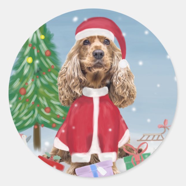 Cocker Spaniel Dog in Snow with Christmas Gifts  Classic Round Sticker (Front)