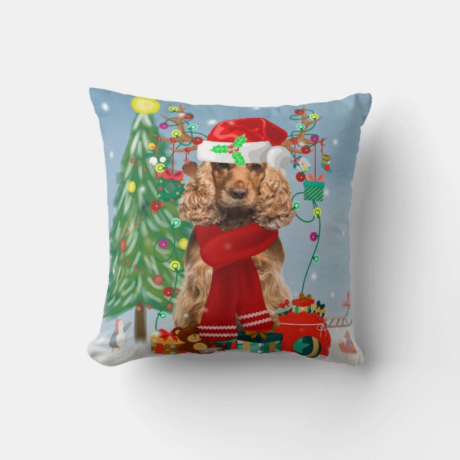 Cocker Spaniel Dog in Snow with Christmas Gifts  Cushion (Front)